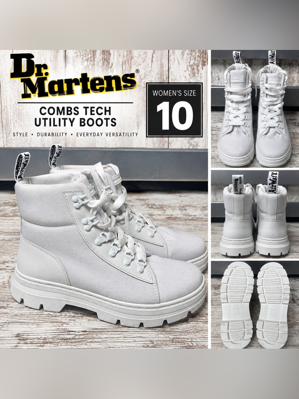 Dr. Martens Combs Tech Utility Boots Women’s Size 10 White Lace Up Combat Boots